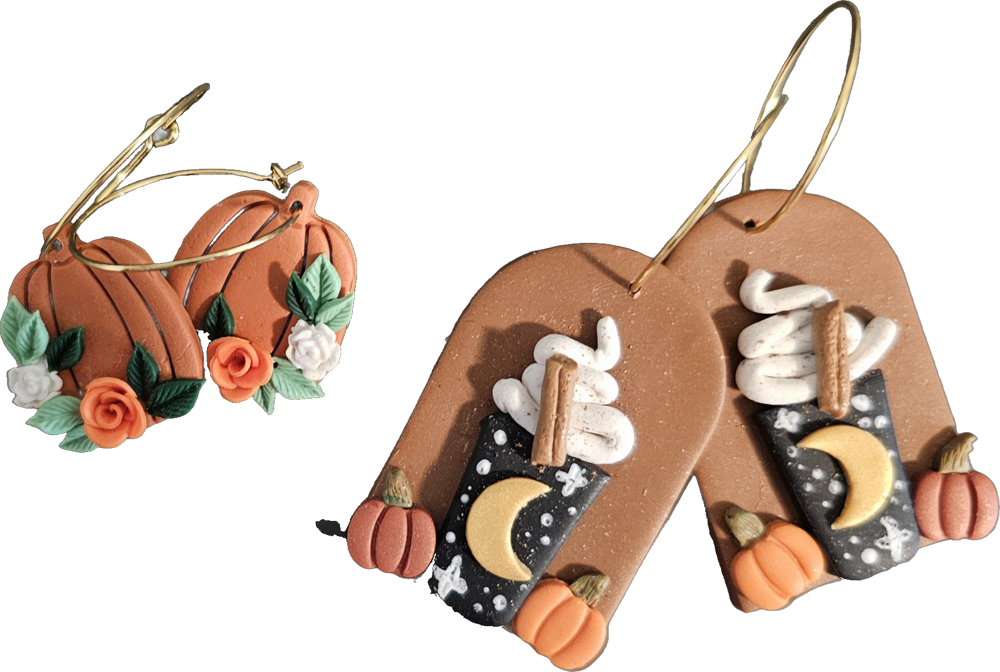 Handmade clay earrings: pumpkin hoops and pumpkin spice latte arches