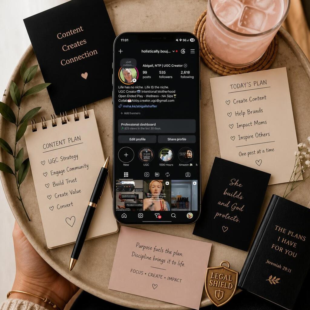 Abby's content plan, phone and Bible on a tray